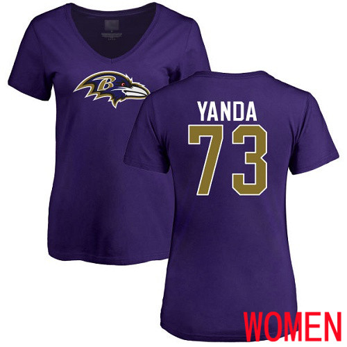 Baltimore Ravens Purple Women Marshal Yanda Name and Number Logo NFL Football 73 T Shirt